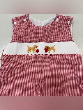 Classic Whimsy Red Gingham Plaid Smocked Baby Boy 18 mo Dog Doggy Romper
